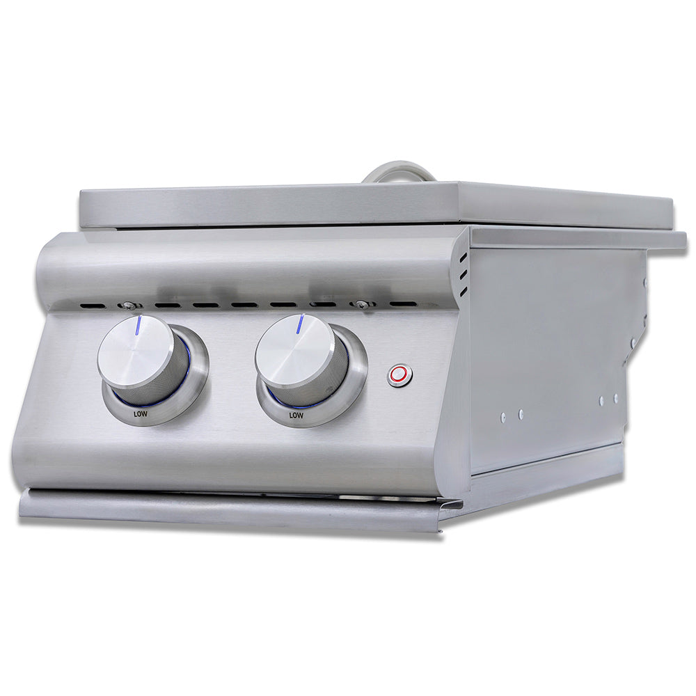 Stainless steel side burner with control panel, two knobs, and metal side shield