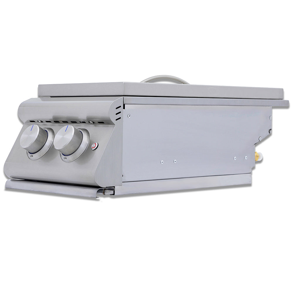Stainless steel built-in side burner with two knobs and extended side panel