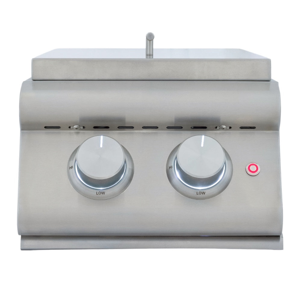 Stainless steel double side burner with two control knobs and round ignition button