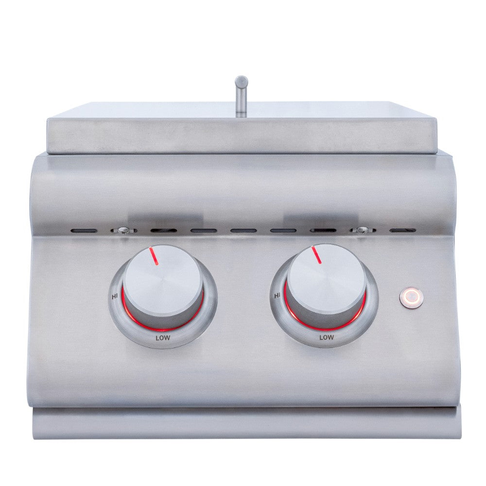 Stainless steel double side burner with two knobs showing red indicator lines