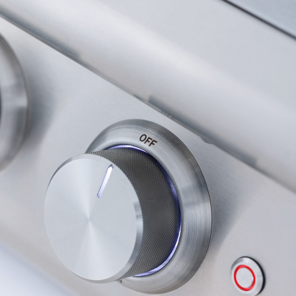 Stainless steel burner control knob with OFF marking and blue indicator light