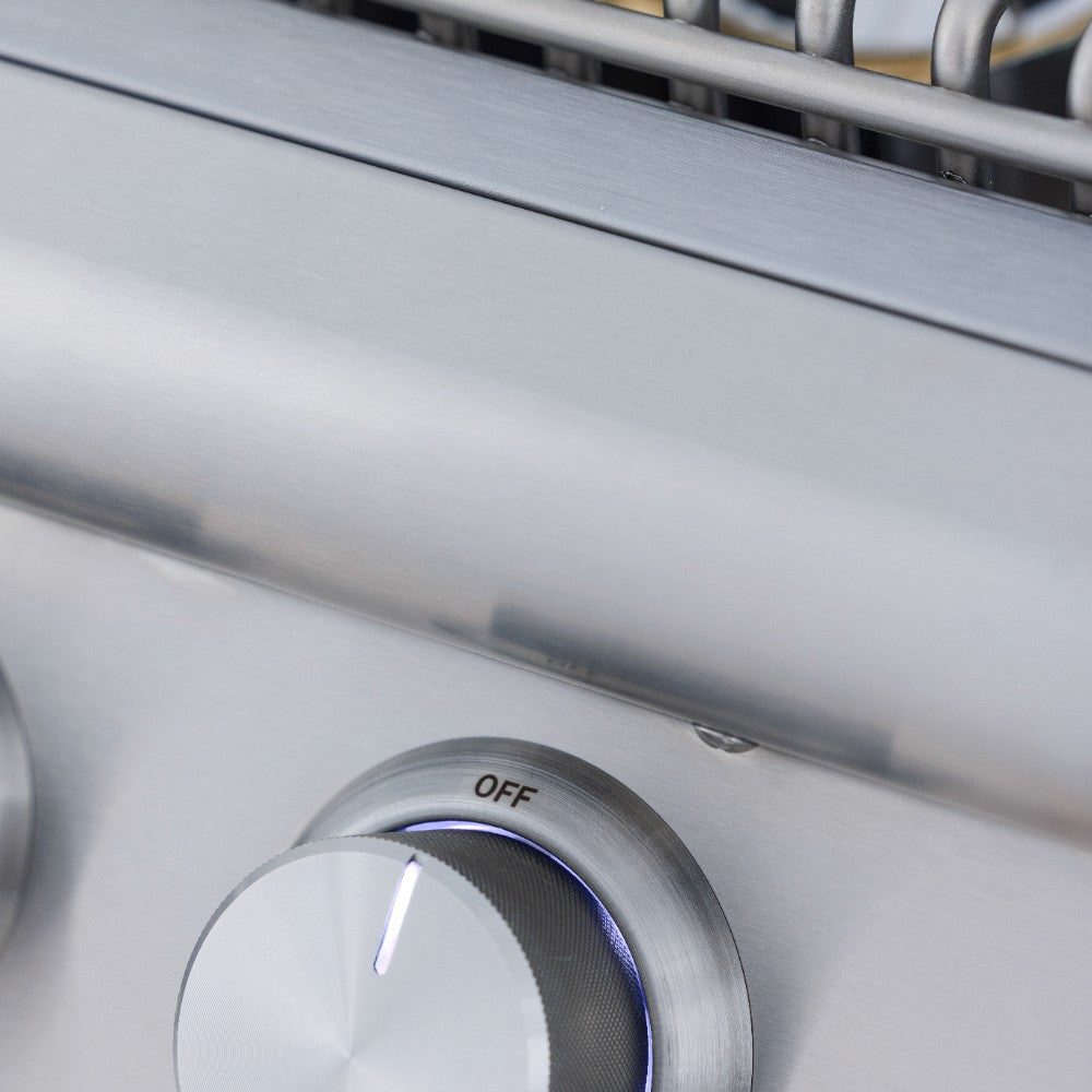 Stainless steel burner control knob with OFF marking on the control face