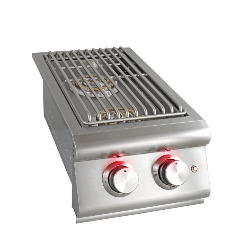 Built-in double gas burner with stainless steel body, grate, and two control knobs