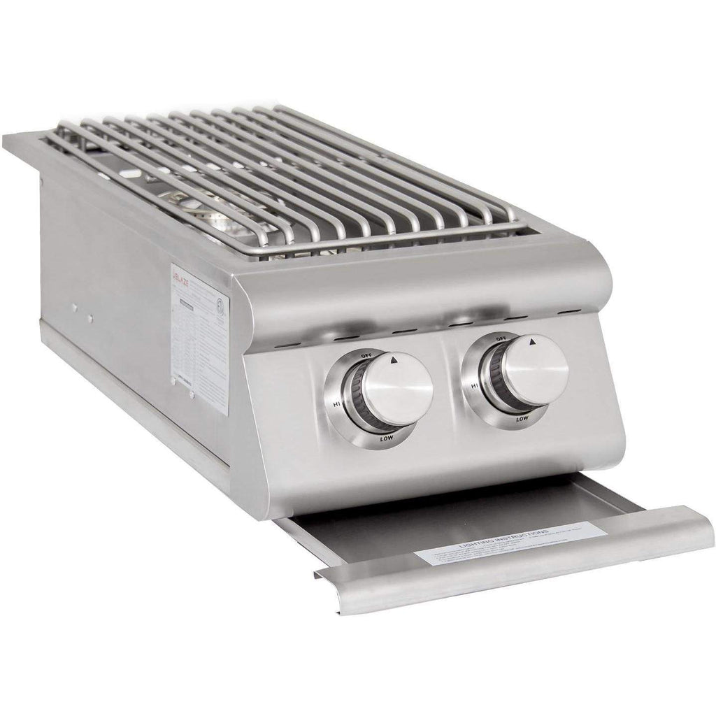 Built-in double burner with stainless steel housing, grate, and two large control knobs