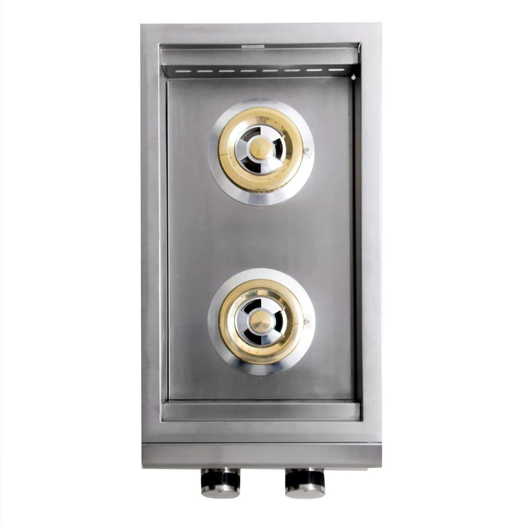 Two-burner insert frame with brass igniter ports and circular burner caps
