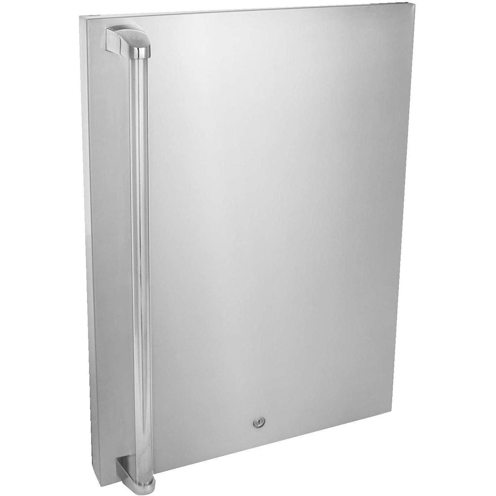 Stainless steel hinged refrigerator door with vertical handle and mounting base