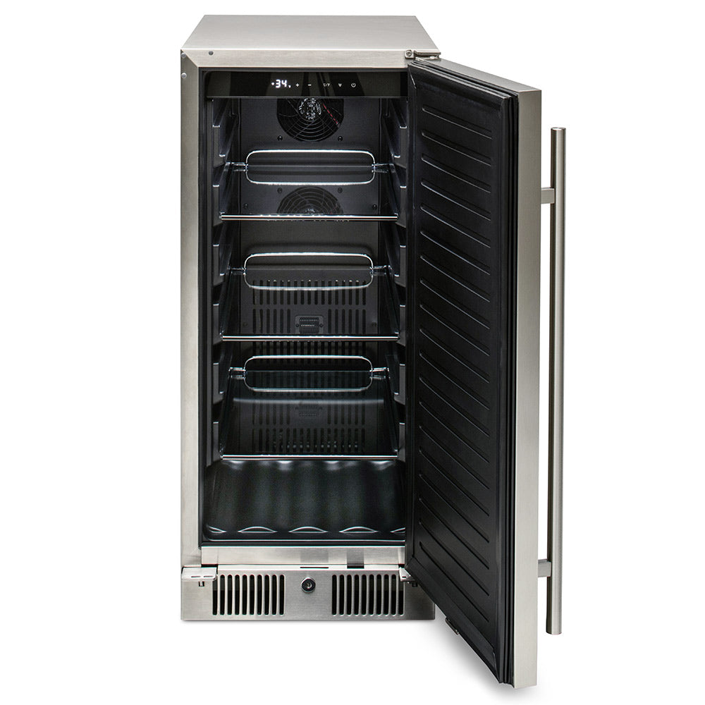 Outdoor rated stainless refrigerator with door open, visible racks and drawers.