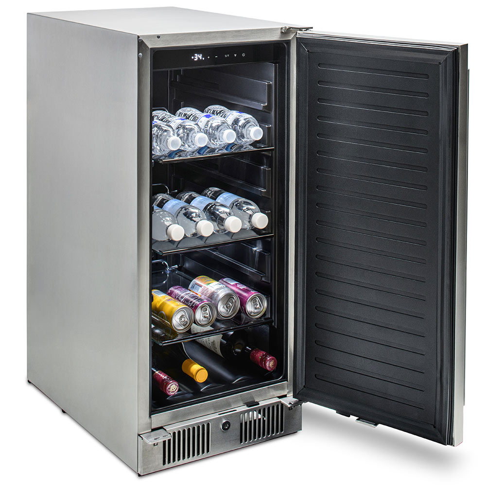 Outdoor rated stainless refrigerator with door open, shelves stocked with bottles and cans.