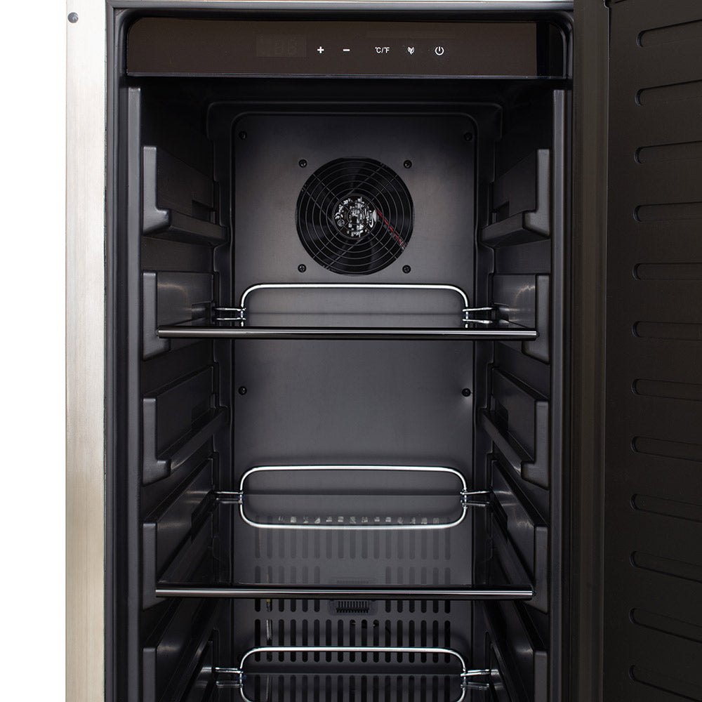 Outdoor stainless refrigerator interior with top fan and glass-shelf style racks.