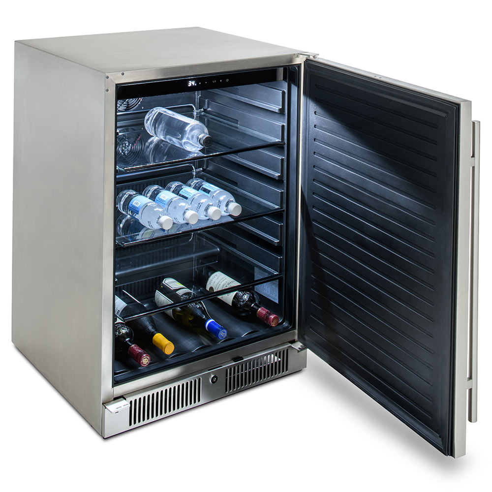 Stainless steel refrigerator with open door, glass shelves, and wine bottle storage