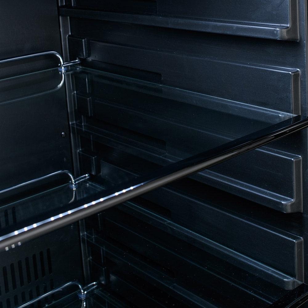 Refrigerator interior shelf and bottle rack with metal rails