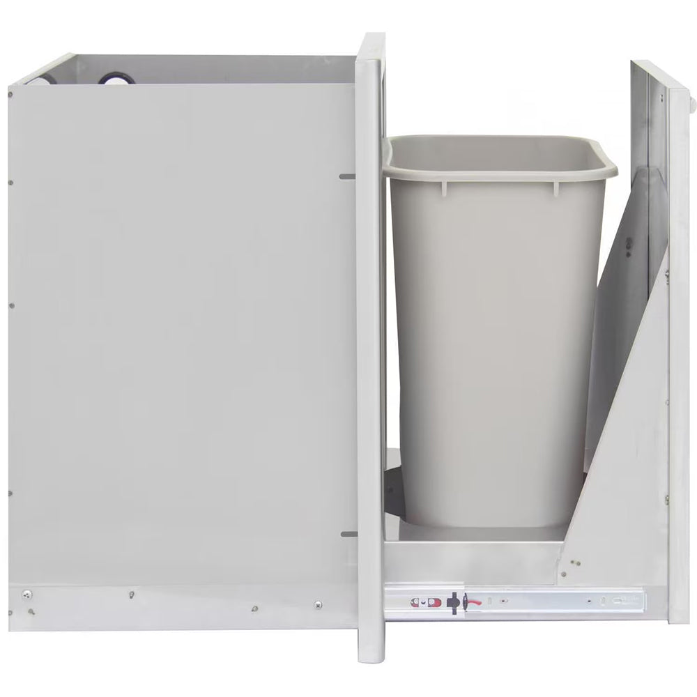 Roll-out trash drawer with open door and tall bin, white cabinet