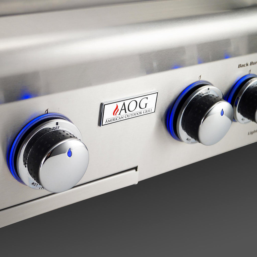 American Outdoor Grill gas grill control knobs with blue-ring accents