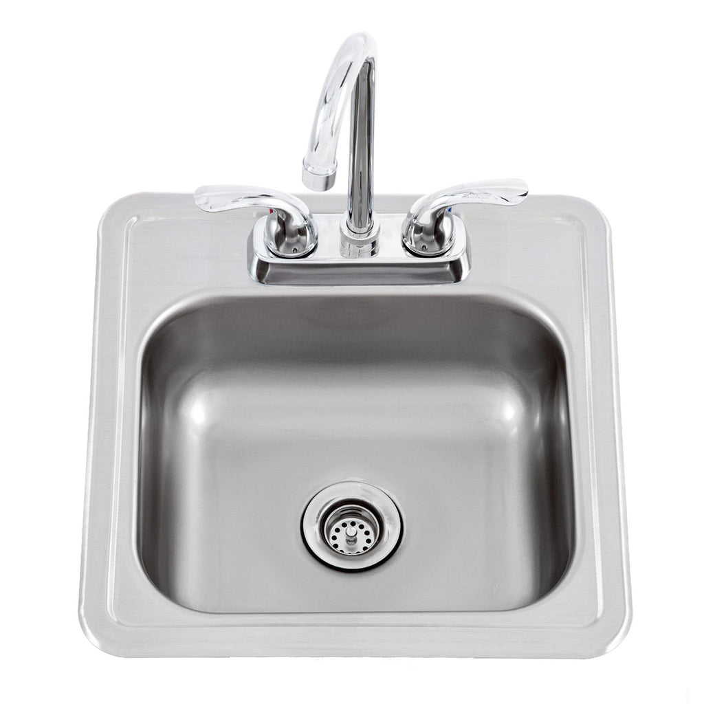 Stainless steel bar sink with chrome faucet, single rectangular basin and drain strainer