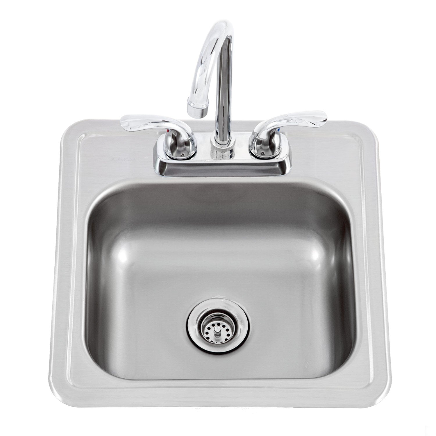 Stainless steel bar sink with chrome faucet, single rectangular basin and drain strainer