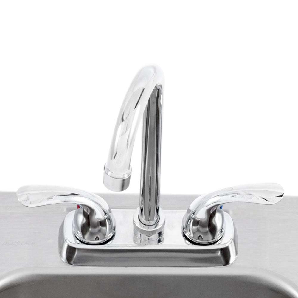 Stainless steel bar sink with two-handle faucet and tall spout, chrome finish
