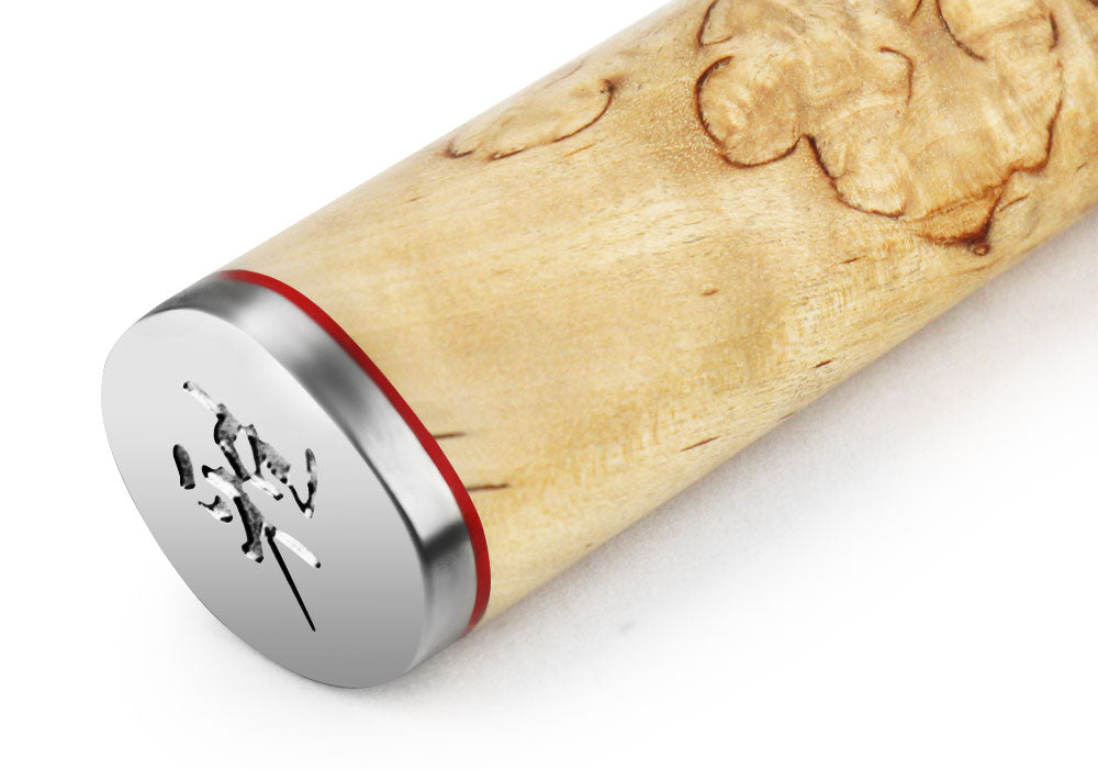 Birchwood paring/utility knife handle with metal bolster and red accent ring