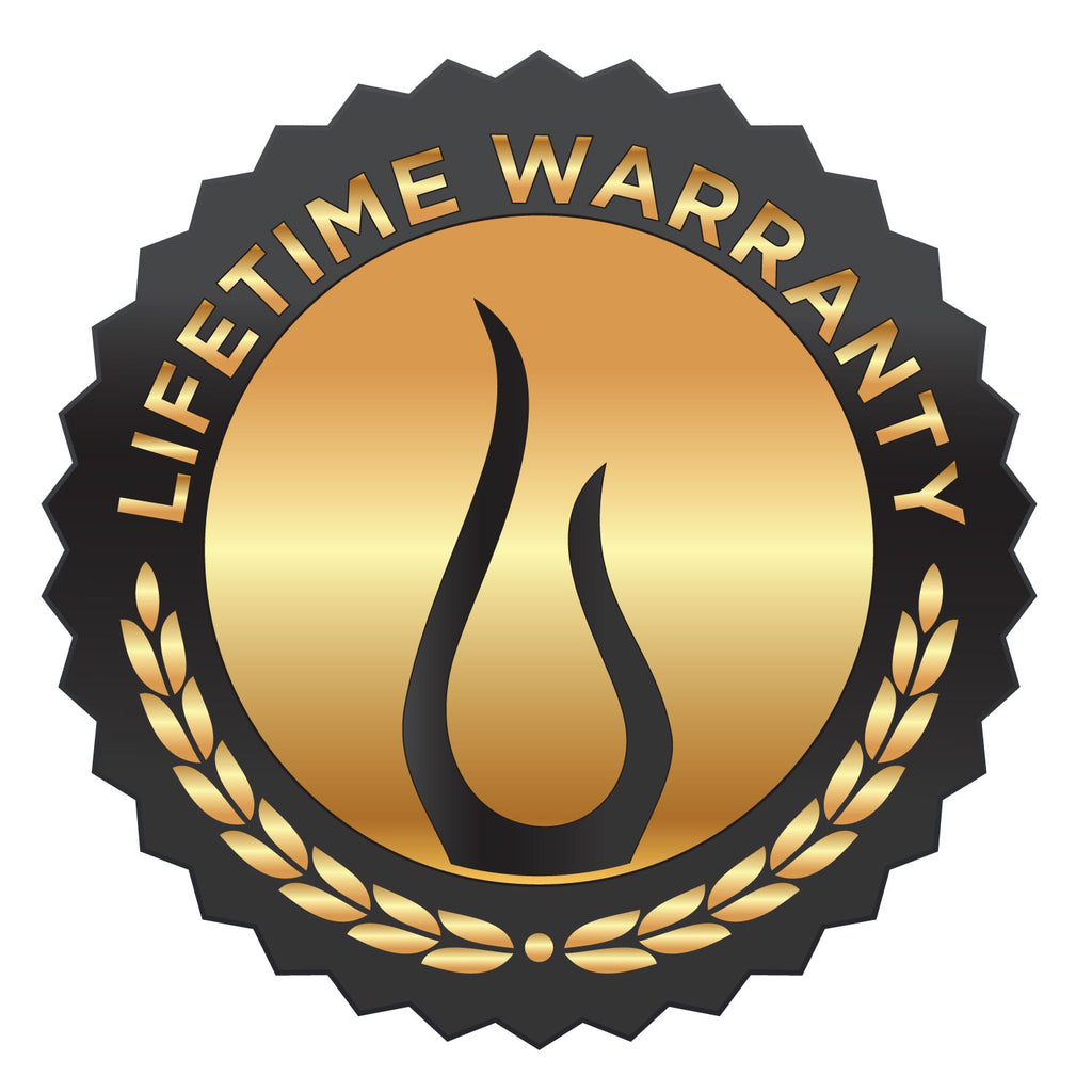 Lifetime warranty seal with flame icon and circular gold lettering