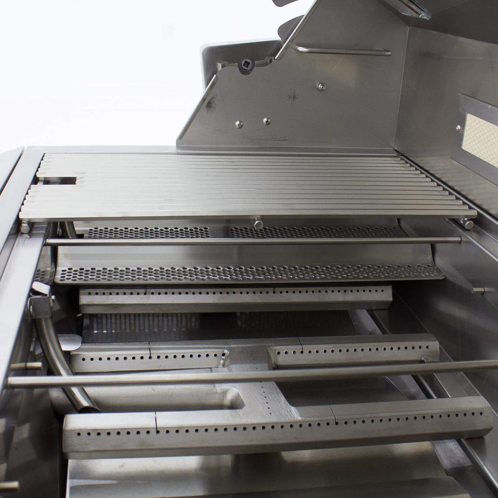 Open gas grill interior with stainless cooking grates and burner components