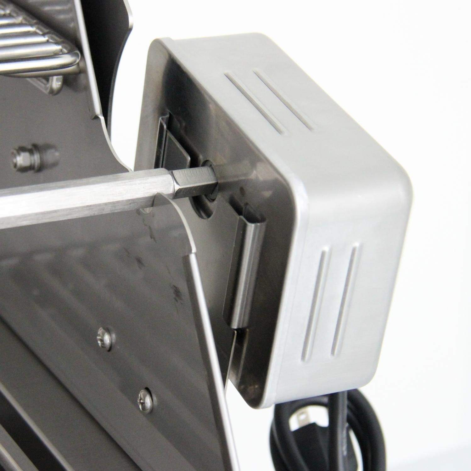 Gas grill side panel with hinged cover and connected control components