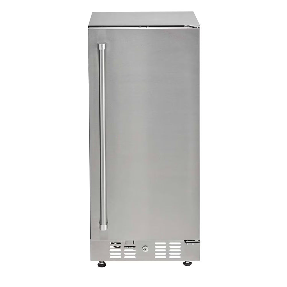 15-inch stainless steel outdoor refrigerator with vertical handle and bottom vents