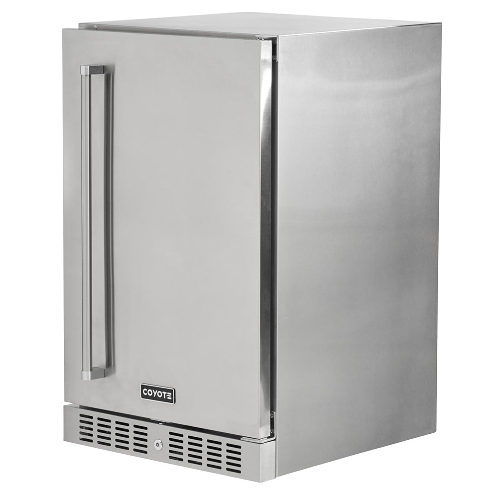 21-inch stainless steel refrigerator with open door and vertical pull handle