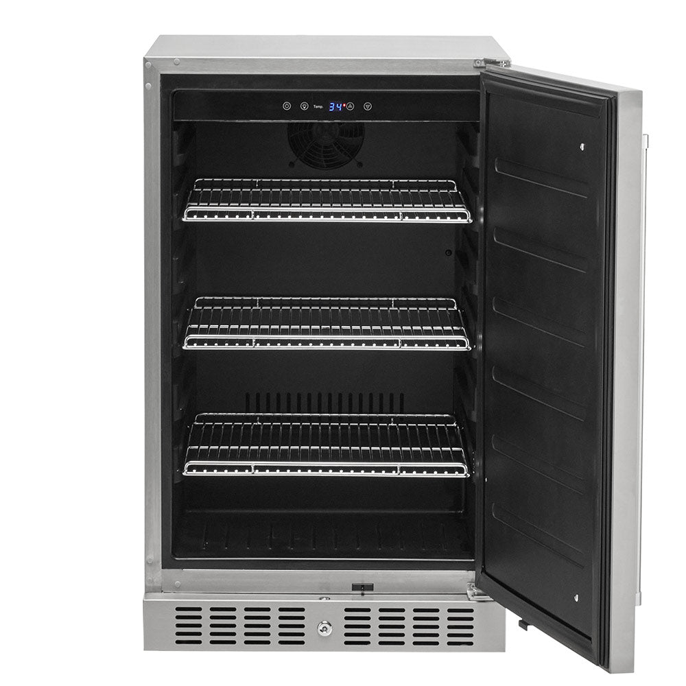 21-inch stainless steel refrigerator with door open showing three wire shelves
