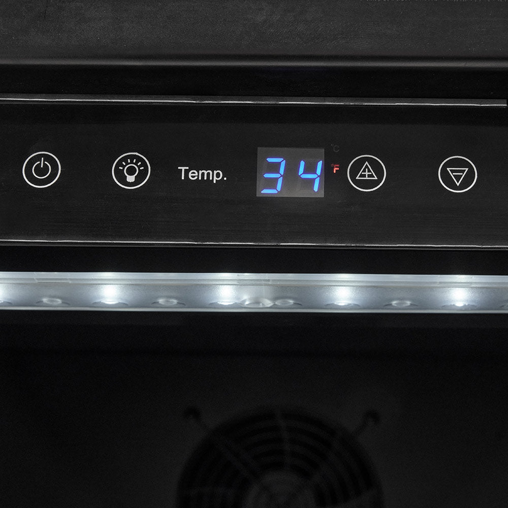 Digital refrigerator control panel with temperature display and indicator icons