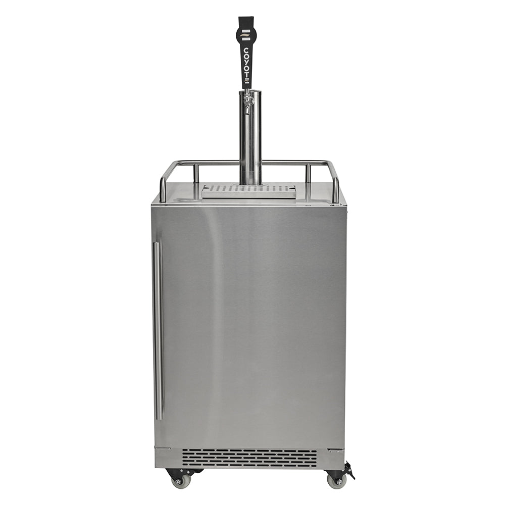 Stainless steel kegerator with draft tower and drip tray, on caster wheels