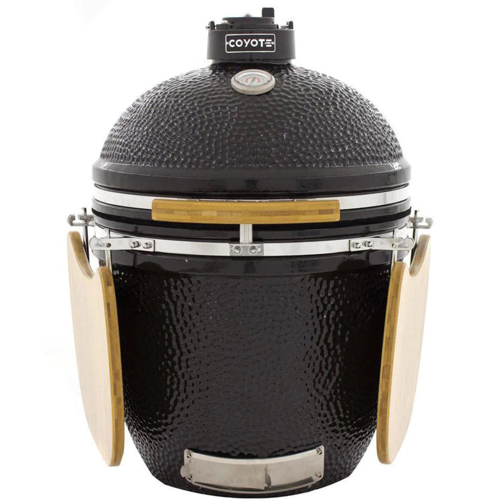 Ceramic asado smoker with black dome lid and built-in temperature control on top