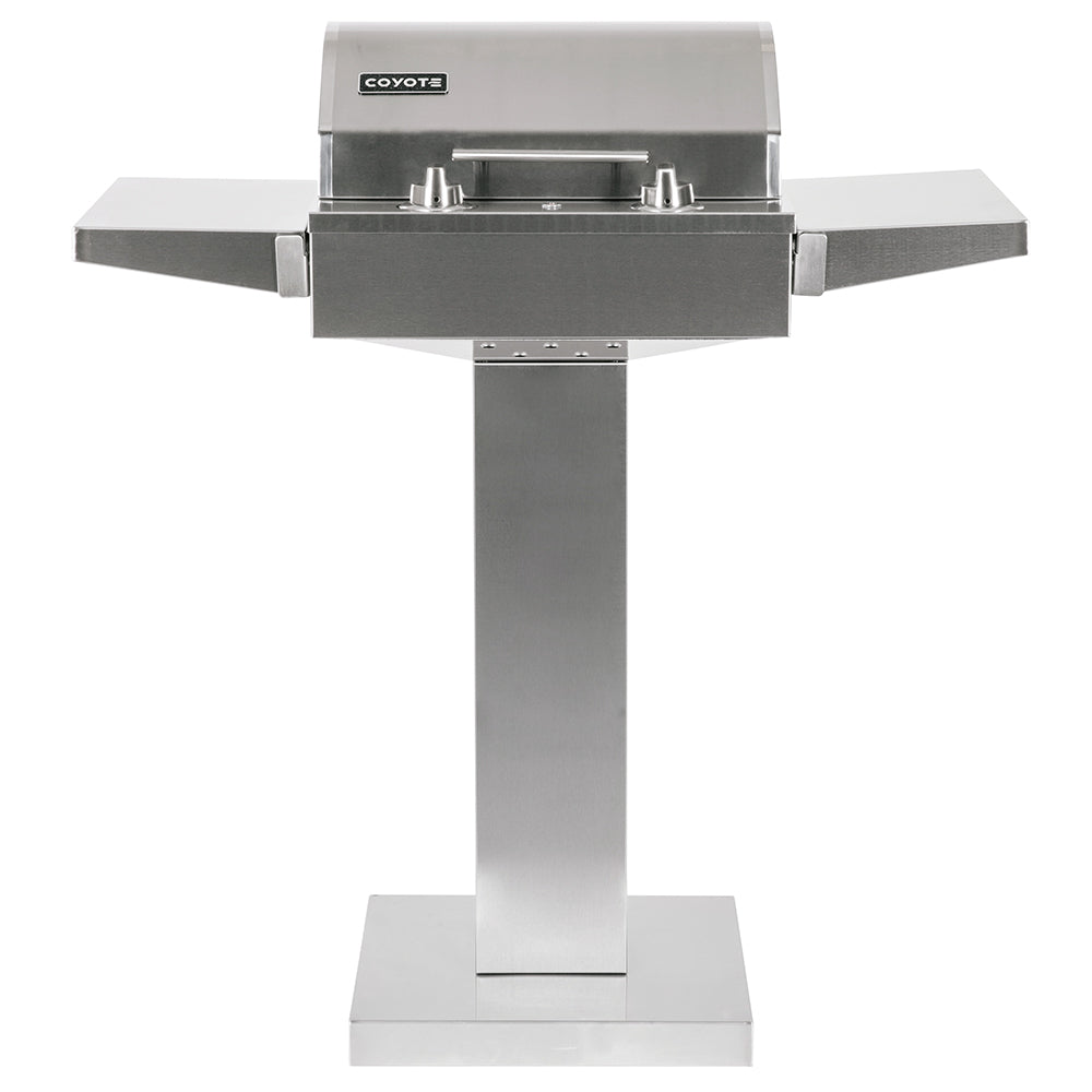 Stainless steel electric grill on pedestal with side shelves and open lid area
