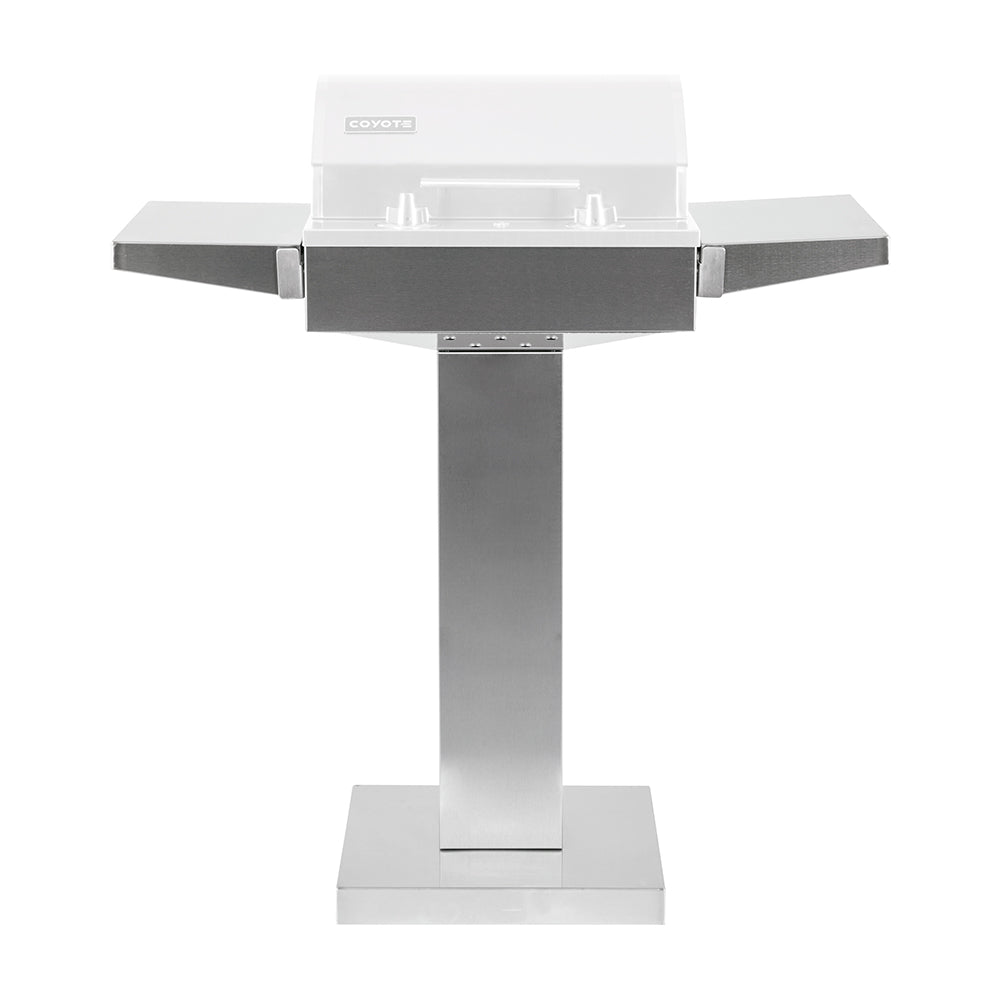 Stainless steel electric grill on pedestal with closed lid and side shelves