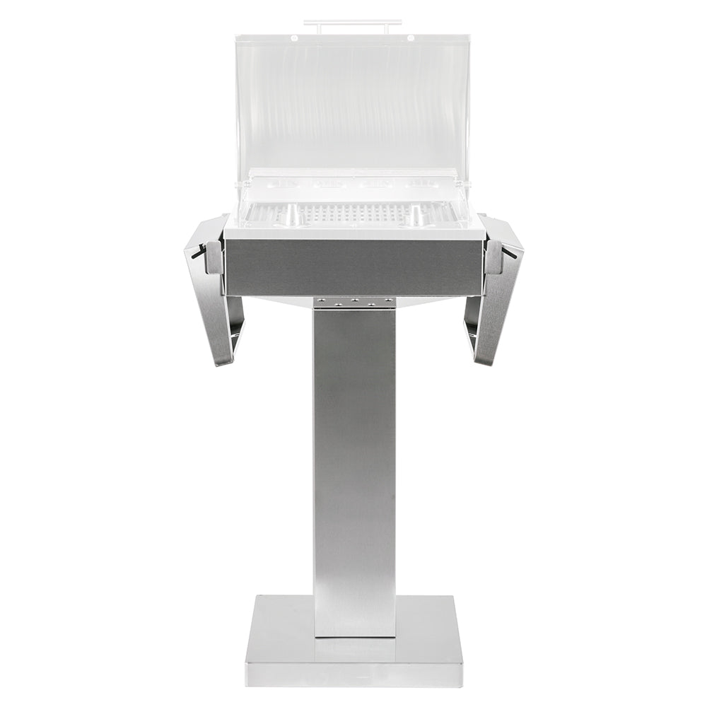 Stainless steel electric grill pedestal with open lid and front control area