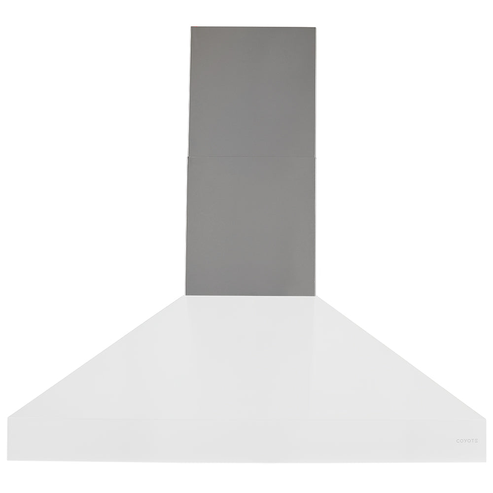 Stainless steel flue extension with tall rectangular flue and flared top hood