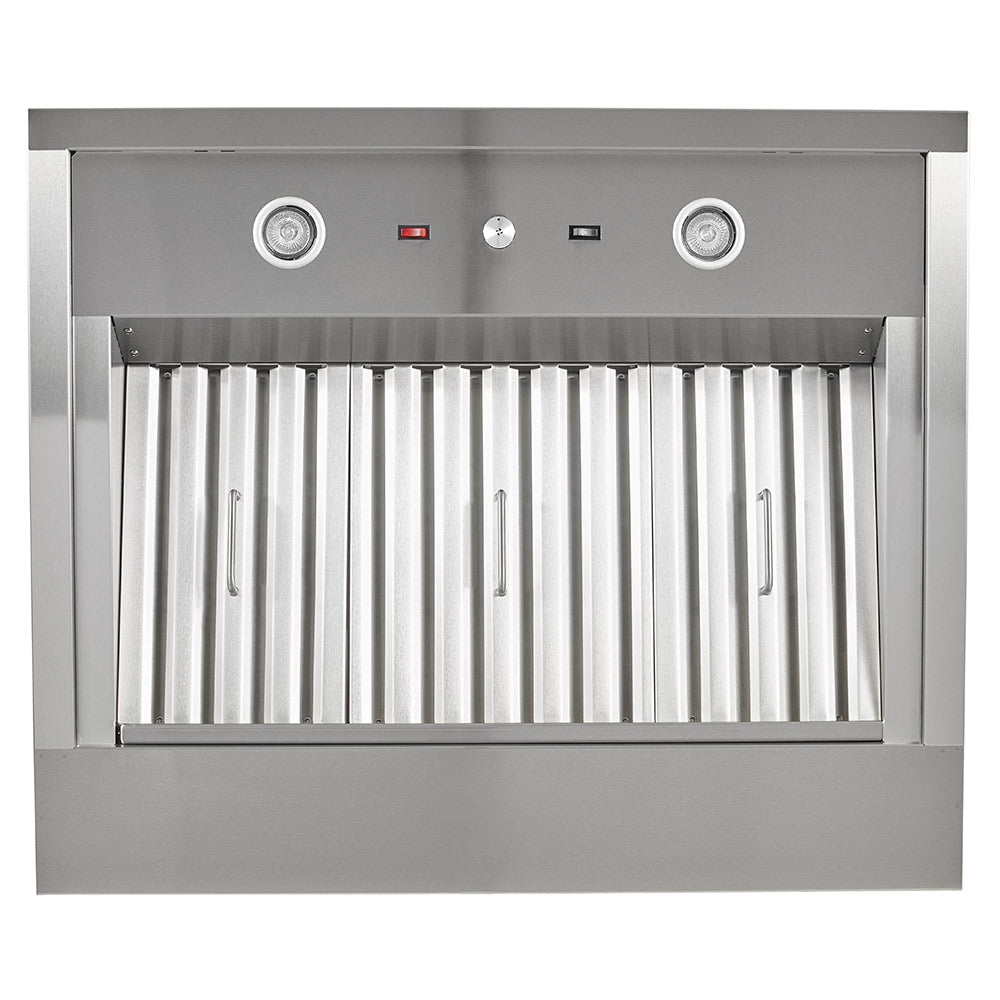 Stainless steel vent hood with blower, open front showing baffle filter blades