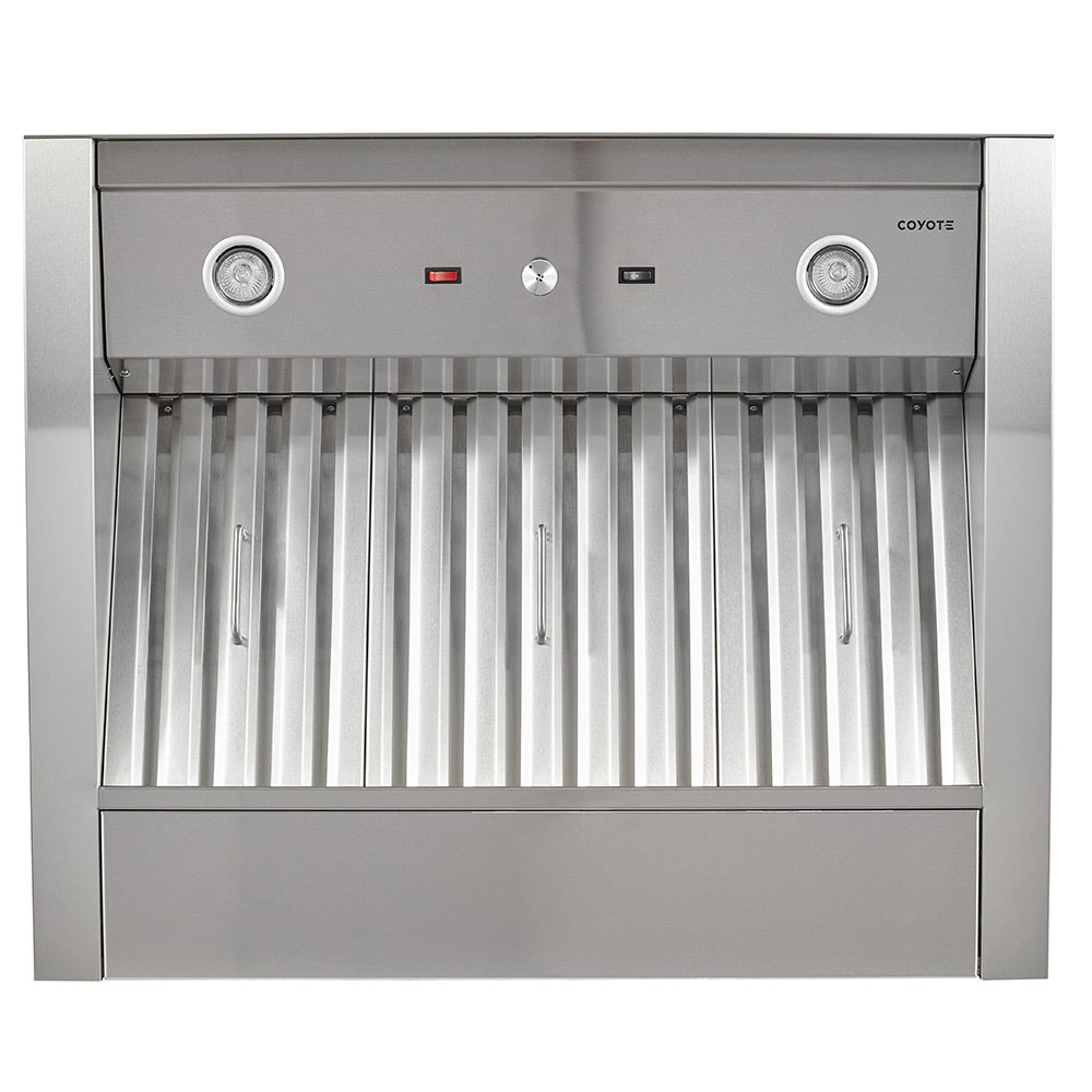Stainless steel vent hood insert front view with vertical vent tubes and lights