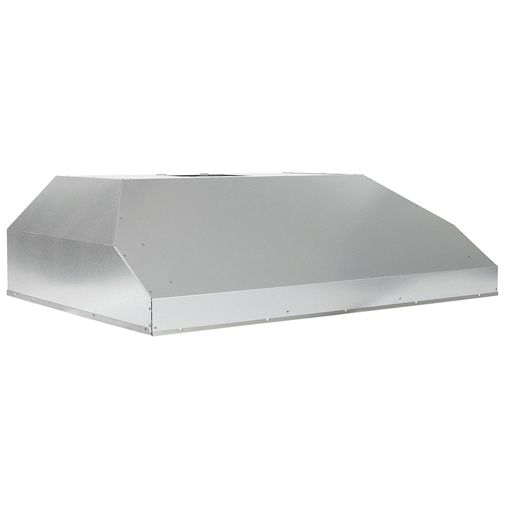 Stainless steel vent hood insert angled side view with flat top panel
