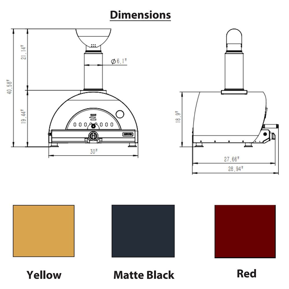 Pizza oven dimensions diagram with yellow, matte black, and red color swatches