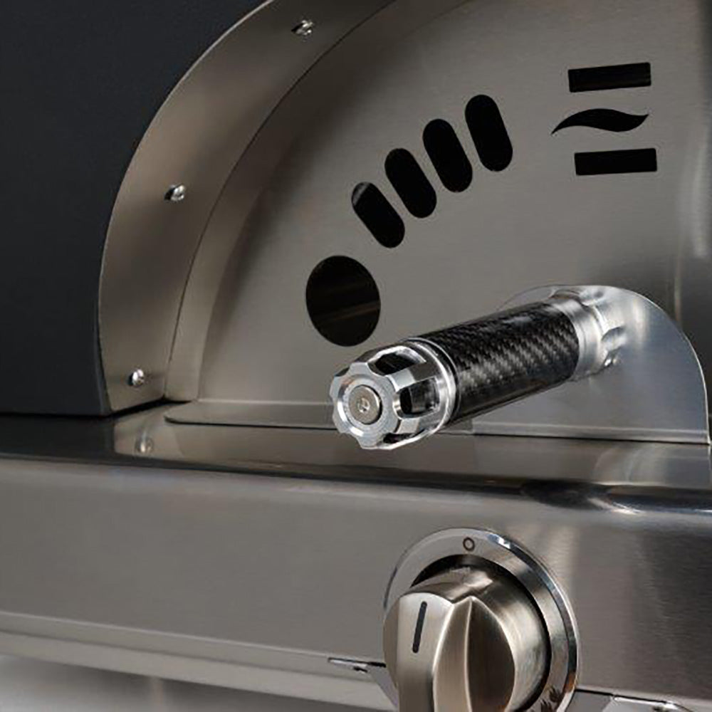 Pizza oven side controls with textured knob and circular dial on stainless housing