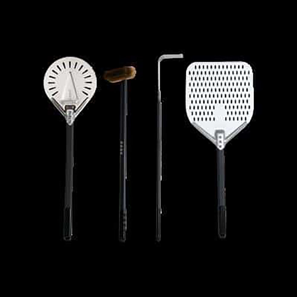 Pizza oven tool set with four metal utensils: thermometer, cutter, and two peels