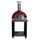 Red multi-fuel pizza oven on cart, stainless chimney and control panel