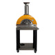 Pizza oven on cart with orange dome, stainless chimney, front controls, and black legs