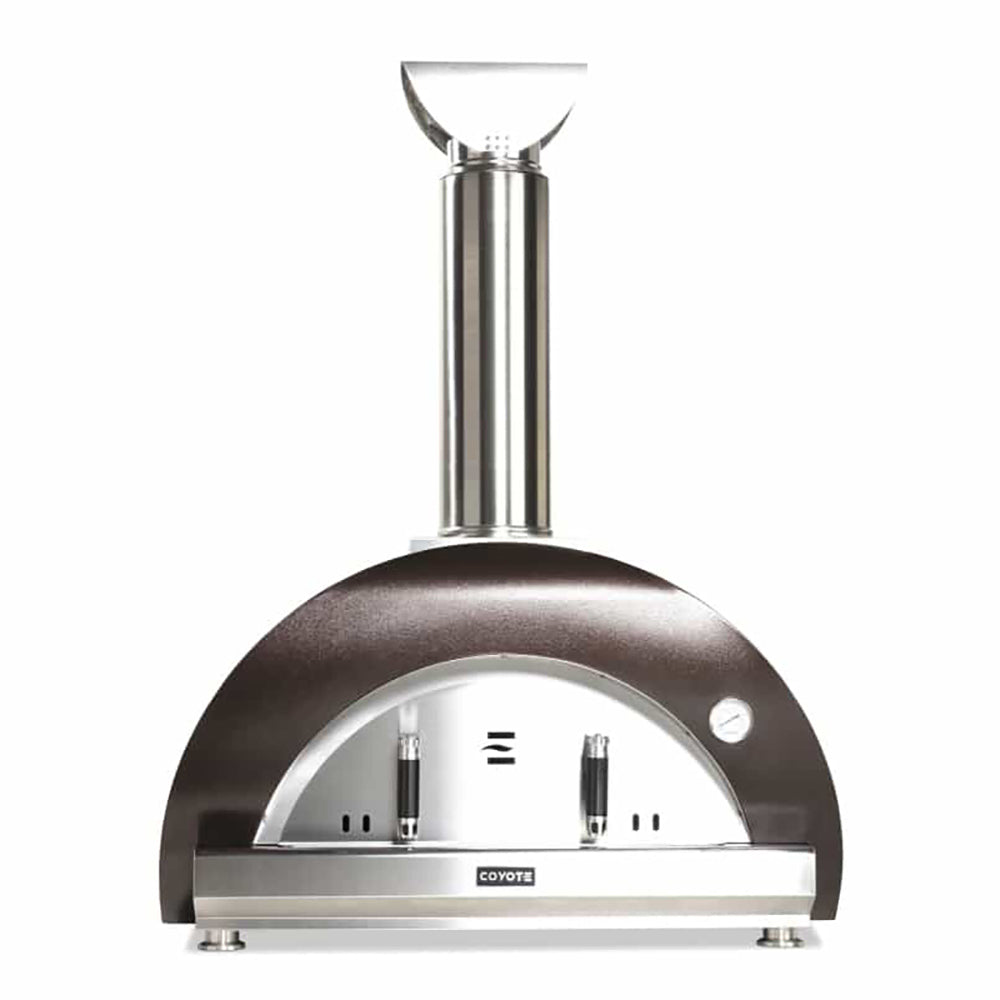 Wood-fired pizza oven with bronze DUOMO-style dome and stainless chimney