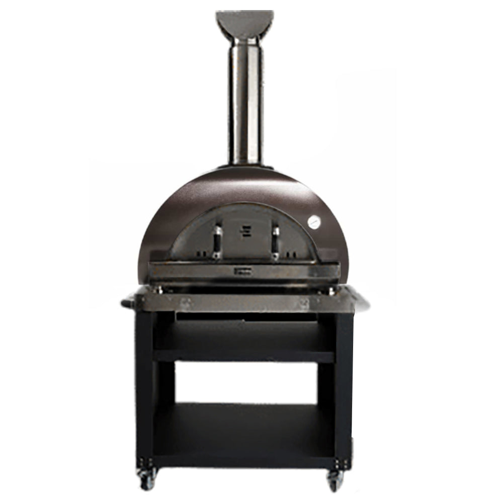 Wood-fired pizza oven on cart with copper-toned dome and stainless flue