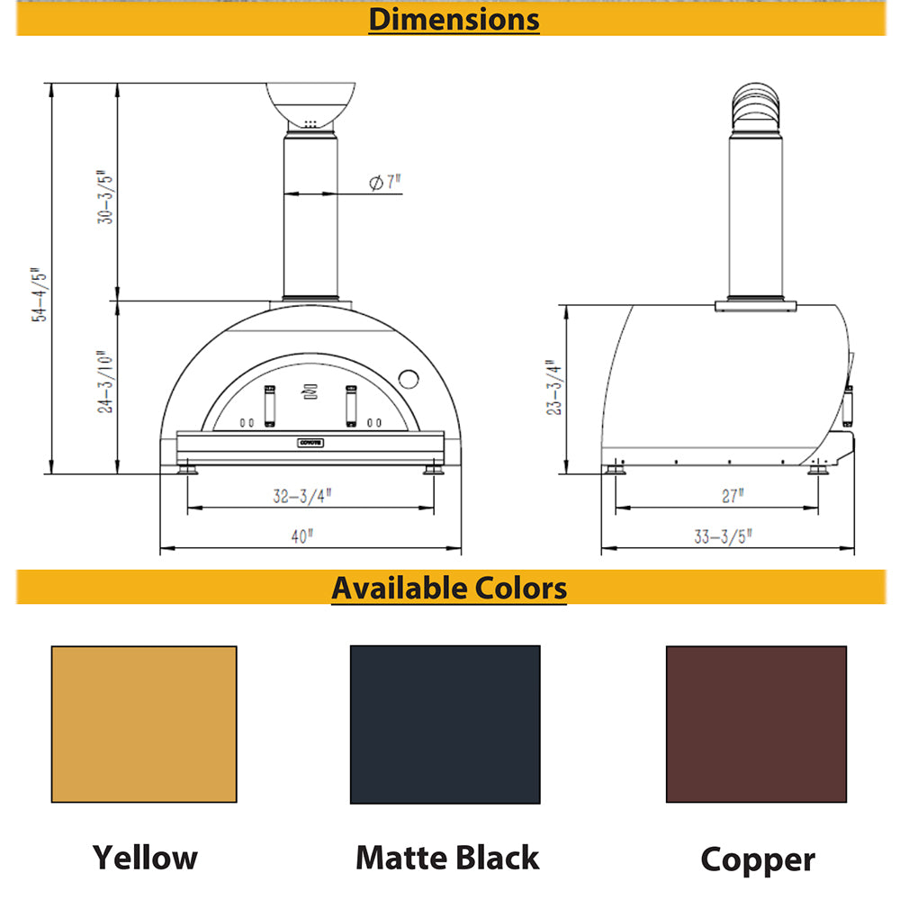Pizza oven dimensions diagram and available colors: Yellow, Matte Black, Copper