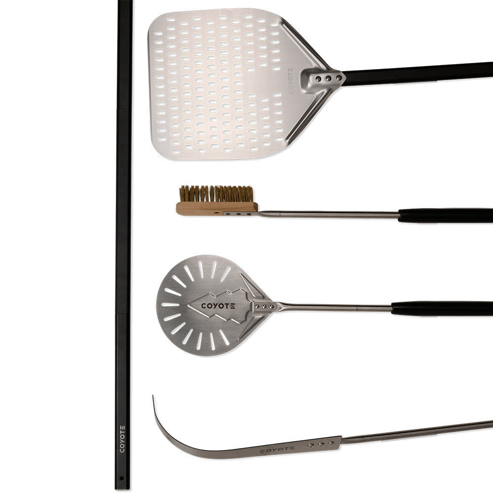 Pizza oven accessory set: perforated peel, turner, brush, and thermometer tool