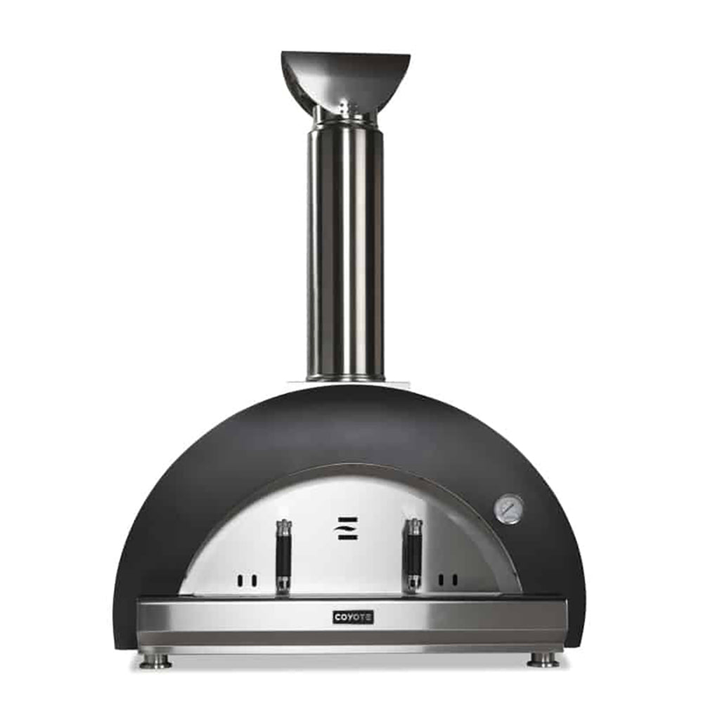 Wood-fired pizza oven with black DUOMO-style dome and stainless chimney