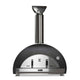 Wood-fired pizza oven with black DUOMO-style dome and stainless chimney