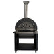 Wood-fired pizza oven on cart with matte black dome and stainless flue
