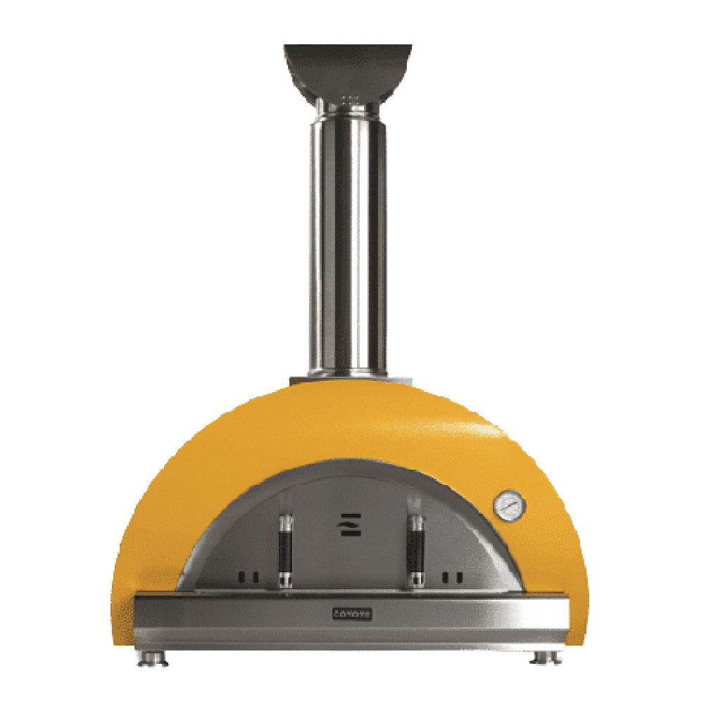 Yellow wood-fired pizza oven with stainless chimney and arched cooking chamber